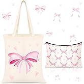 Paterr 2 Pcs Pink Bow Coquette Tote Bags with Zipper Makeup Pouch, Cute Pink Bow Aesthetic Reusable Grocery Bag Preppy Stuff Trendy Gifts for Women Mom Girls Shopping Travel