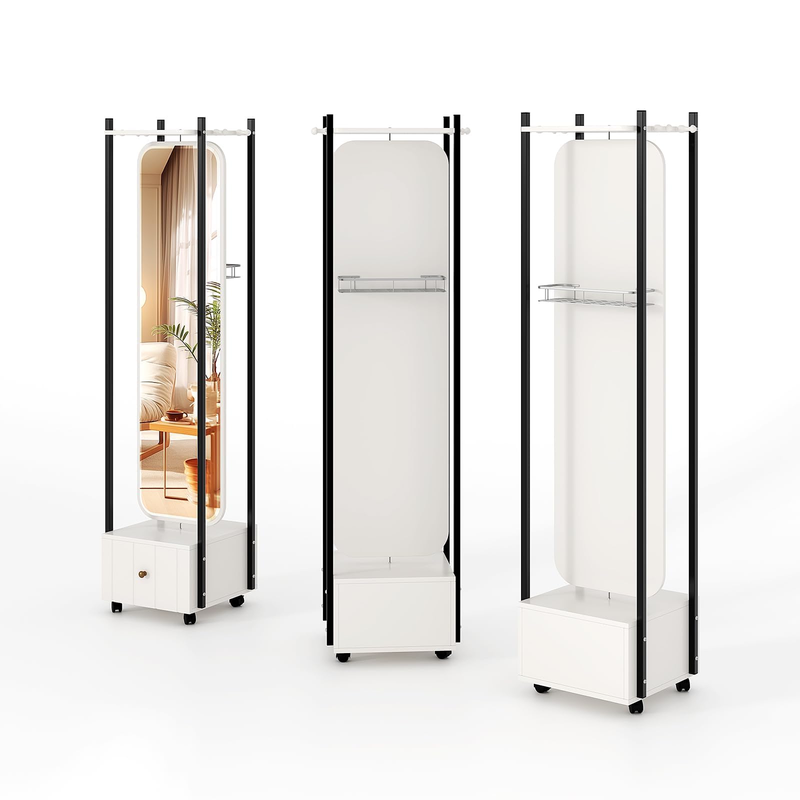 Photo 1 of *CHIP IN CORNER* JUSCHIPEXL MirrorFull Body Floor Mirror Standing with Wheels and Cabinet,2-in-1 Floor Mirrors and Coat Rack, Standing Mirror with Clothes Rack, Living Room Bedroom Cloakroom Mirror.