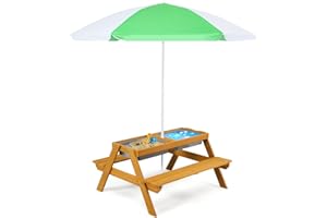 DORTALA Kids Picnic Table, 3-in-1 Water & Sand Activity Table with Height Adjustable Umbrella & Removable Tabletop, Outdoor W