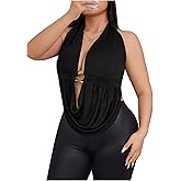 MakeMeChic Women's Plus Size Halter Top Metal Ring Plunge Neck Open Back Party Tank Top