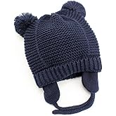 Exemaba Baby Beanie Earflaps Hat - Infant Toddler Girls Boys Soft Warm Knit Hat Kids Winter Hat with Fleece Lining (Dark Blue,S)