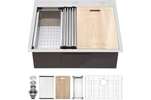 Kichae 25 Inch Drop In Kitchen Sink Workstation - 25" x 22" Drop-In Kitchen Sink 16 Gauge Stainless Steel Single Bowl Ledge Workstation 25 Inch Handmade Sink