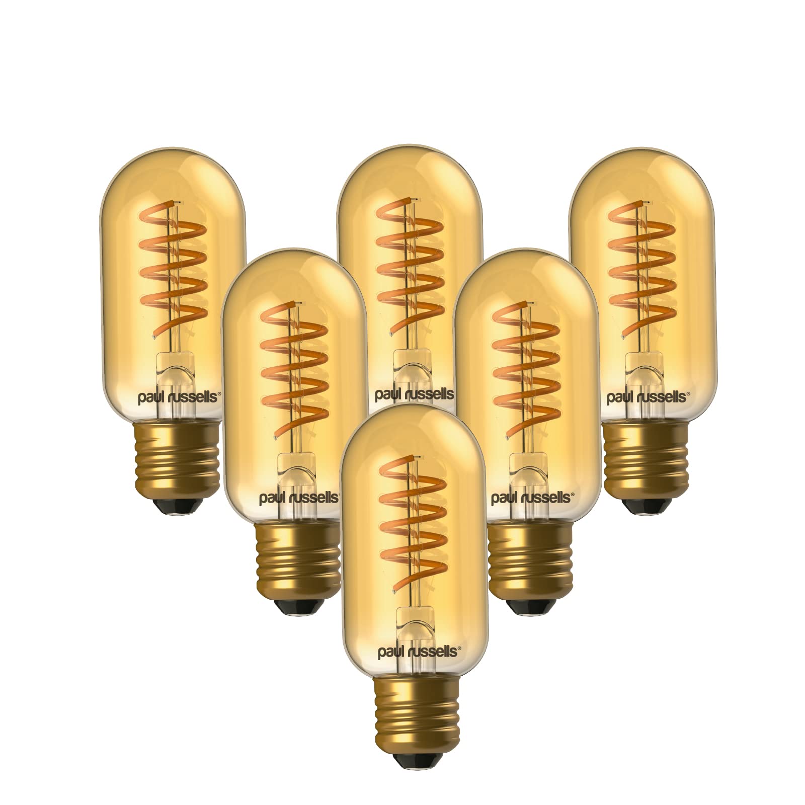 paul russells T45 LED Filament Edison Screw E27 Vintage Lights - Pack of 6 – 25W Equivalent Replacement 4W 250LM Lumens 1800K ES Decorative Cage Bulbs Non-Dimmable - Extra Warm White Retro