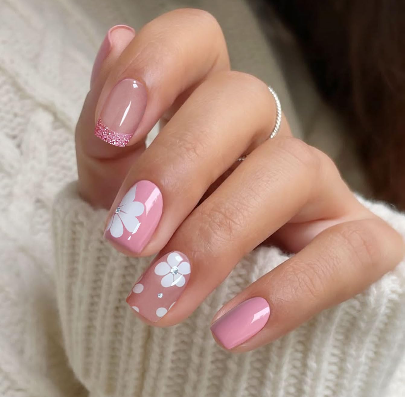 JMEOWIO Gel Nail Stickers French Tip Pink White Flower Semi Cured Gel Nail Strips Wraps UV/LED Nails Art Design Decoration Accessories