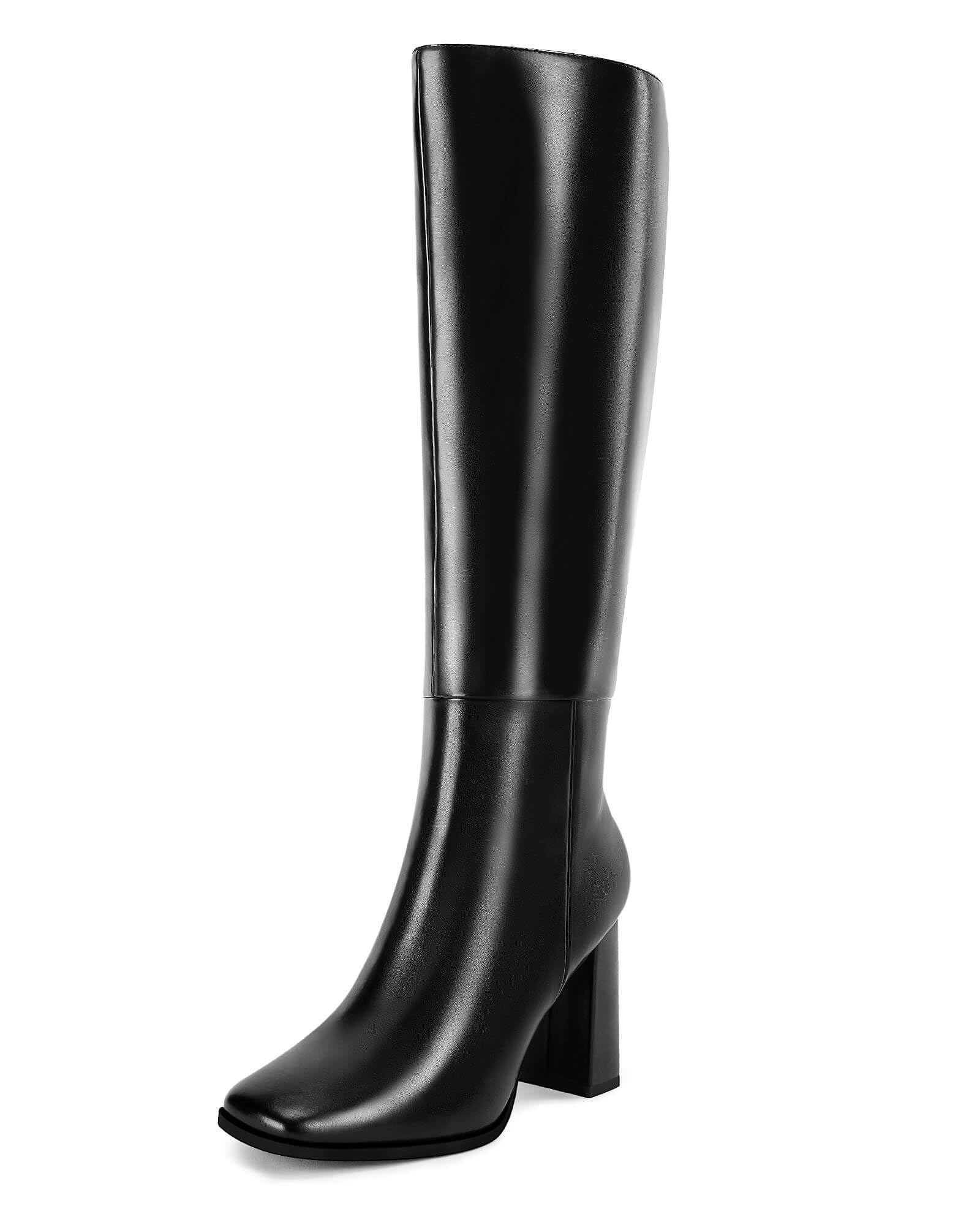 Coutgo Womens Wide Calf Knee High Boots Chunky High Heel Square Toe ...