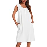 Ekouaer Cotton Nightgowns for Women Tank Sleeveless Night Gowns Lace Button Sleep Dress House Dress with Pockets S-3XL