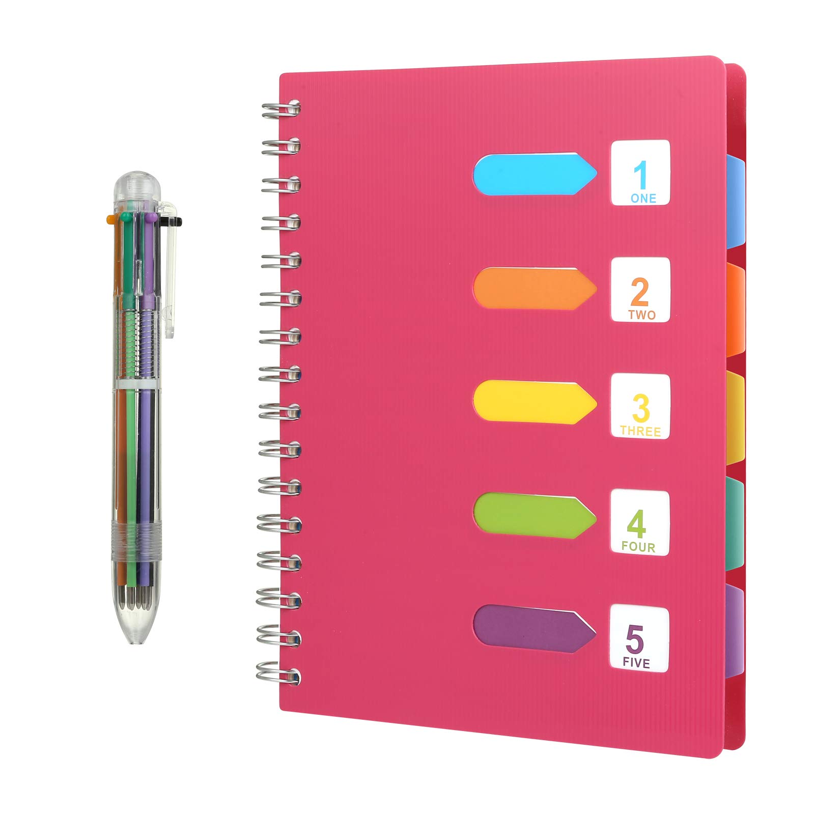 Kesote Spiral Notebook A5 with 5 Colored Tabs - 240 Pages Subject Notebook with 6-Color Pen, College Ruled Divider Journal for Students Study, Meeting Notes & Project Management (Rose Pink)