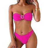 Fanuerg Women's Strapless Bandeau Bikini Sets Ring Tie Back Two Piece Swimsuit High Cut Cheeky Bathing Suits