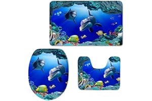 FOR U DESIGNS 3 Piece Bath Rug Set Ocean Dolphin Printed Non-Slip Toilet Floor Rug Contour Mat Lid Top Cover Blue
