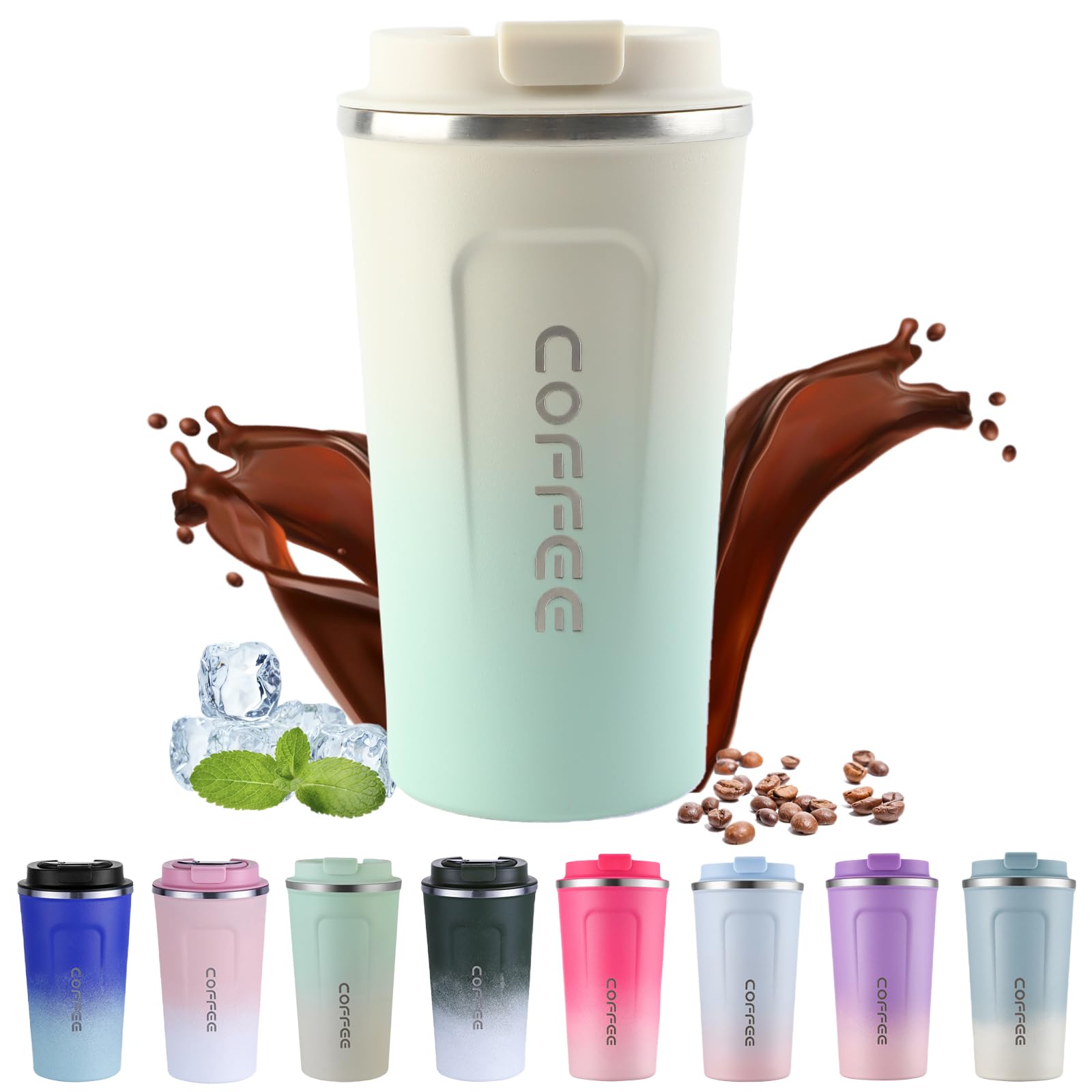 EACHPT Travel Mug, 510ml Coffee Travel Mug with Leakproof Lid,Stainless Steel Thermal Cups for Hot Drinks,Reusable Vacuum Insulated Coffee Cups, Travel Coffee Mug for Hot Cold Drinks/Tea