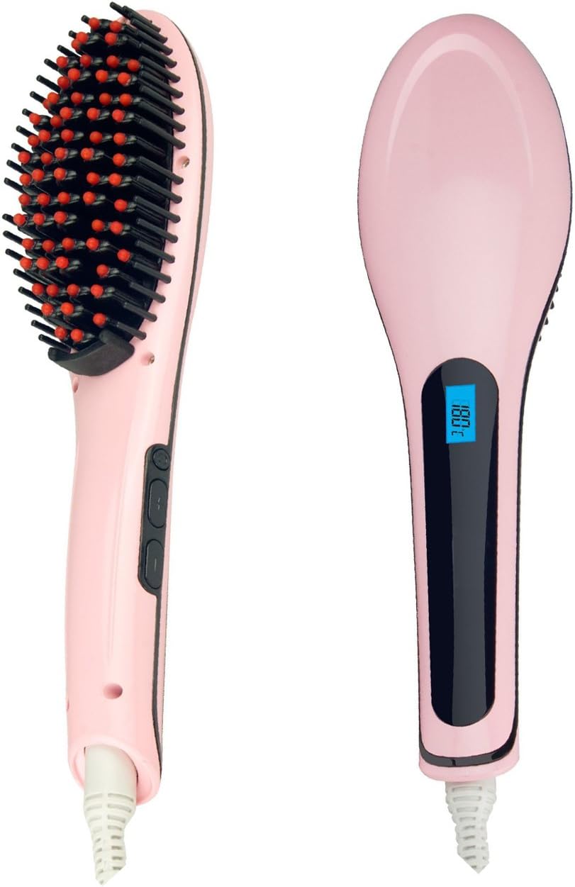 Professional Hair Straightener Brush with Ceramic Ionic Adajustable 80-230℃ LCD Temp Anti-scaled Massage Teeth Flat Iron Pink