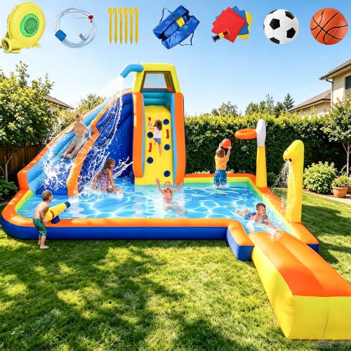 RETRO JUMP Inflatable Water Slide 8 in 1 Bounce House for Kids Backyard Waterslide with Slide,Climbing Wall,Splash Pool,Basketball Rim,Sprinkles,Water Gun,480W Blower Included,Water Park for Summer
