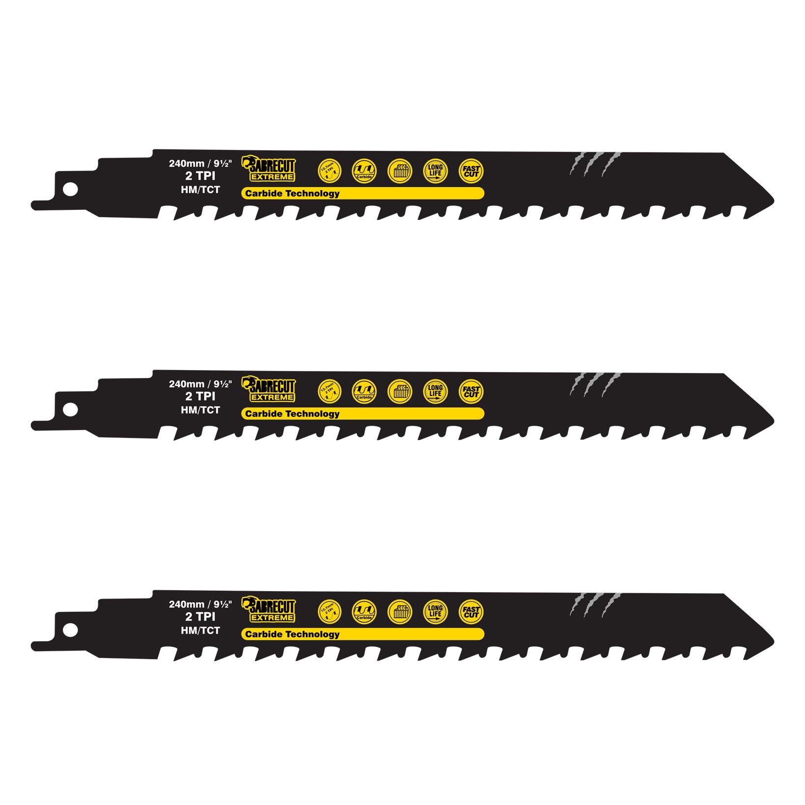3 x SabreCut SCRS1543HM_3 Tungsten Carbide 240mm 2 TPI S1543HM Small Bricks Poroton Fibre Cement Concrete Straight Cutting Reciprocating Sabre Saw