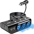 8 in 1 Cigarette Lighter Splitter, LIHAN 3 Socket Car Charger Adapter,Type-C QC3.0 PD36W Dual USB Charging Ports,Car 12V/24V Plug Outlet with Independent Switches,LED Voltmeter(3.3FT Cable)