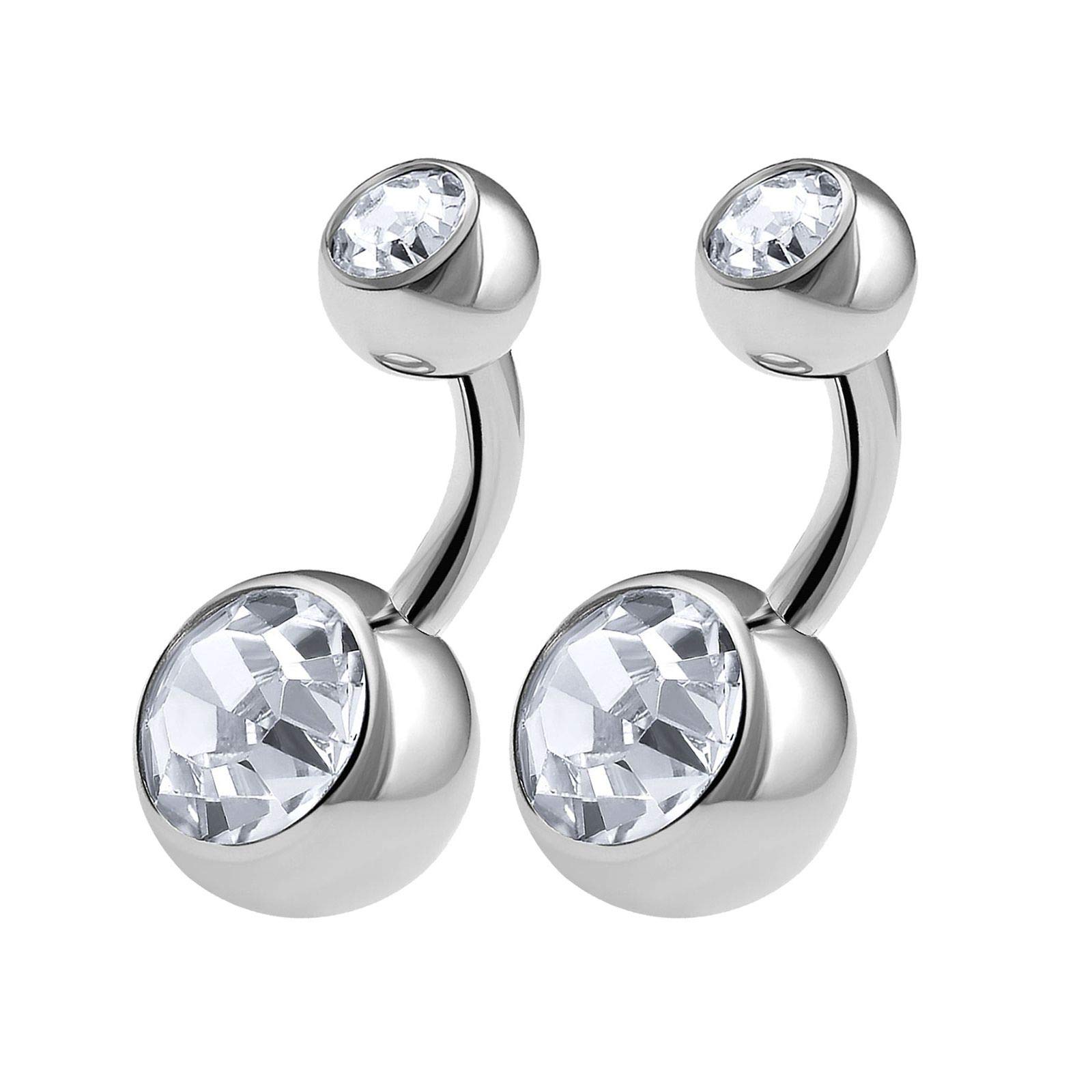 KJM FASHION 2PCS Surgical Steel Short Belly Button Rings 14 Gauge 1/4 6mm Clear Double Crystall Ball Navel Studs Piercing Jewellery 0542