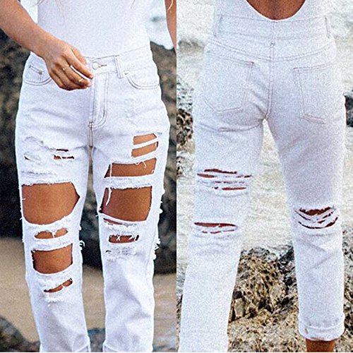 Happyear Women Hole Jeans High Waist Ripped Denim Skinny (S, White)