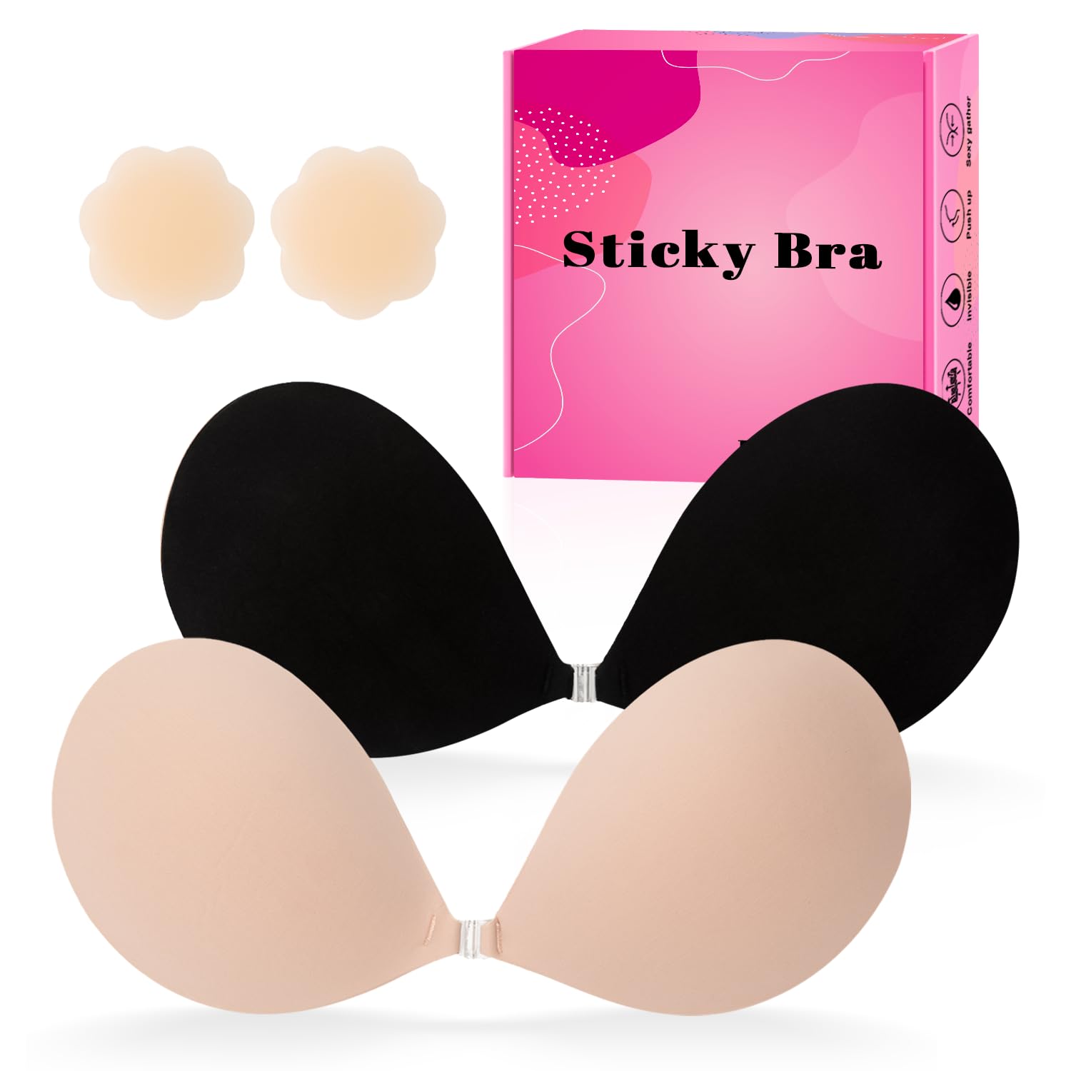LAZYROSY Sticky Bra Push Up Backless Bras Strapless Stick on Bra Invisible Adhesive Bra with Nipple Covers for Women (Creme+black, C) Image