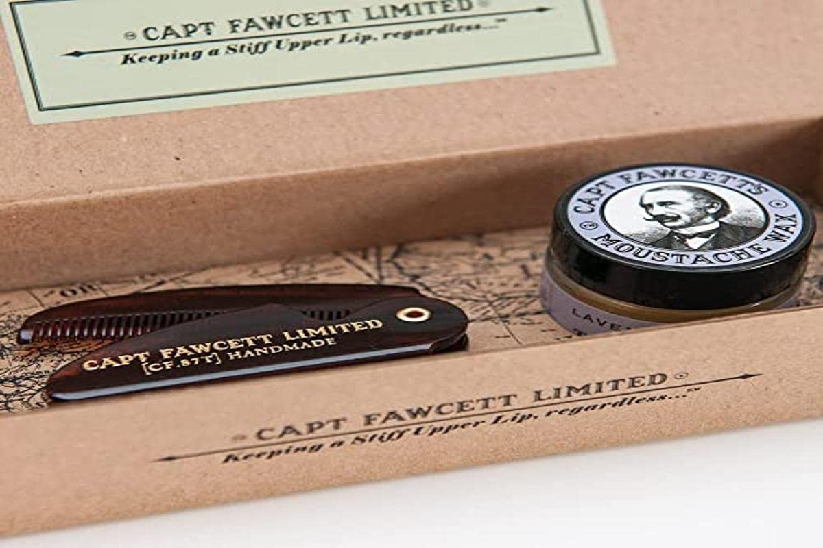 Captain Fawcett's Moustache Wax (Ylang Ylang Scent) & Folding Pocket Moustache Comb (CF.87T) Gift Set - Made in England
