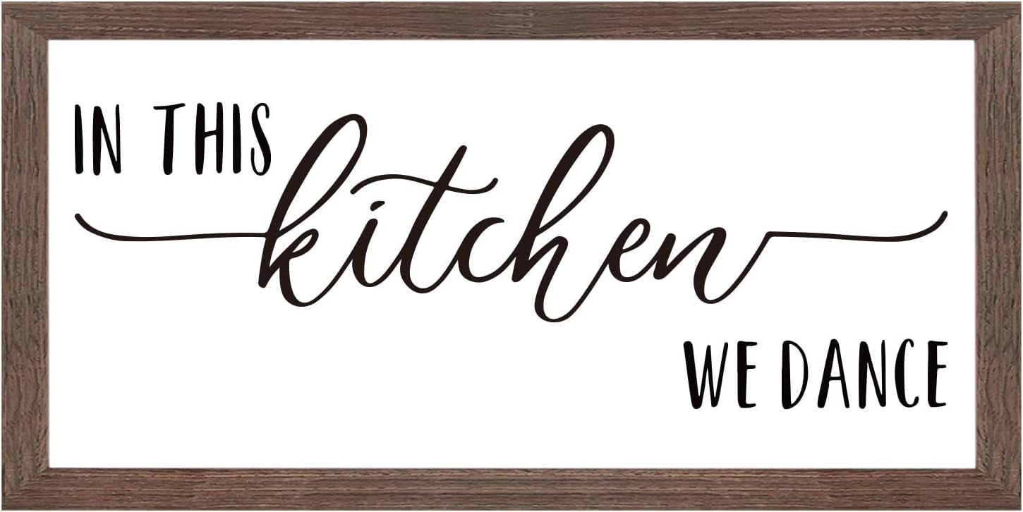 FINGERINSPIRE In This Kitchen We Dance Art Sign Solid Wood Framed Block Sign Funny Farmhouse Decor Sign with Arylic Layer 33x18 CM Large Hangable Wooden Frame for Home Decor
