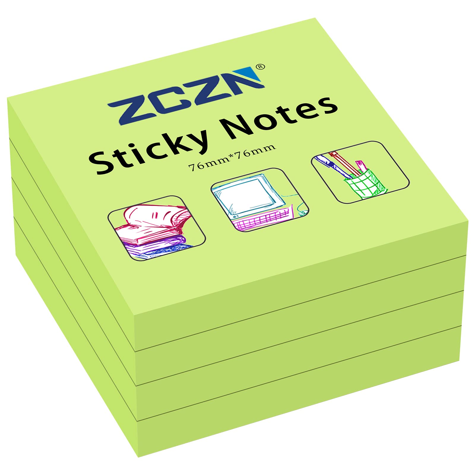ZCZN 76 x 76 mm Sticky Notes, 100 Sheets/Pad, 4 Pads, Green