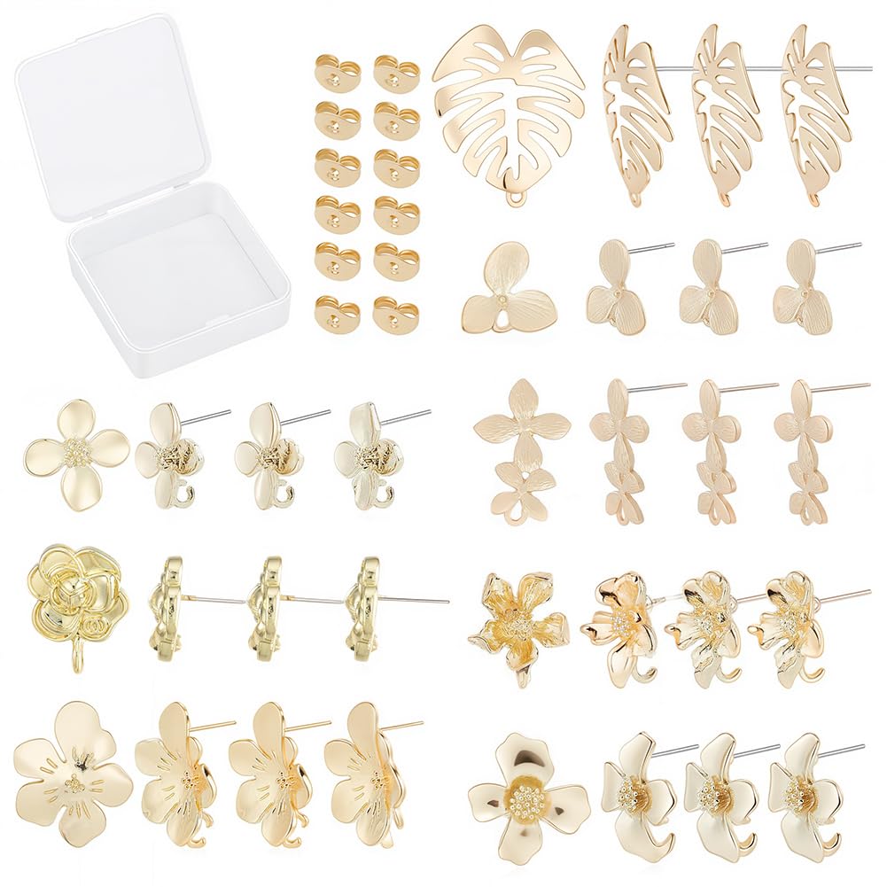 SUNNYCLUE 1 Box DIY 16 Pairs Flower Leaf Stud Earring Findings Stainless Steel Earrings Findings Flower Ear Post with Ear Nuts for DIY Earring Jewelry Making