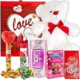 Valentines Day Gift Basket Set | Teddy Bear Plush(12 Inch), Lindt Lindor Milk Truffles, Hershey Reeses Pieces, Ghirardelli Caramel Chocolate, Tootsie Roll Candy, M&M Minis Tube & V-Day Gift Bag