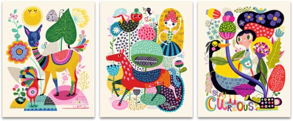 Drucke für Wände 3x40x60cm ohne Rahmen Cartoon Tiere Hirsch Pferd Vögel