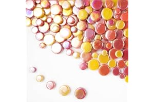 BUENOARTE 1 LB Penny Round Mosaic Tiles, 10mm ~20mm 5sizes Iridescent Rounds Recycled Glass Tiles Mix for Adults & Kids DIY Mosaic Making Garden Project (Red Orange & Yellow)