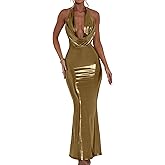 Memoriesea Women's Luxury Metallic Halter Neck Bodycon Party Evening Gown Maxi Dress