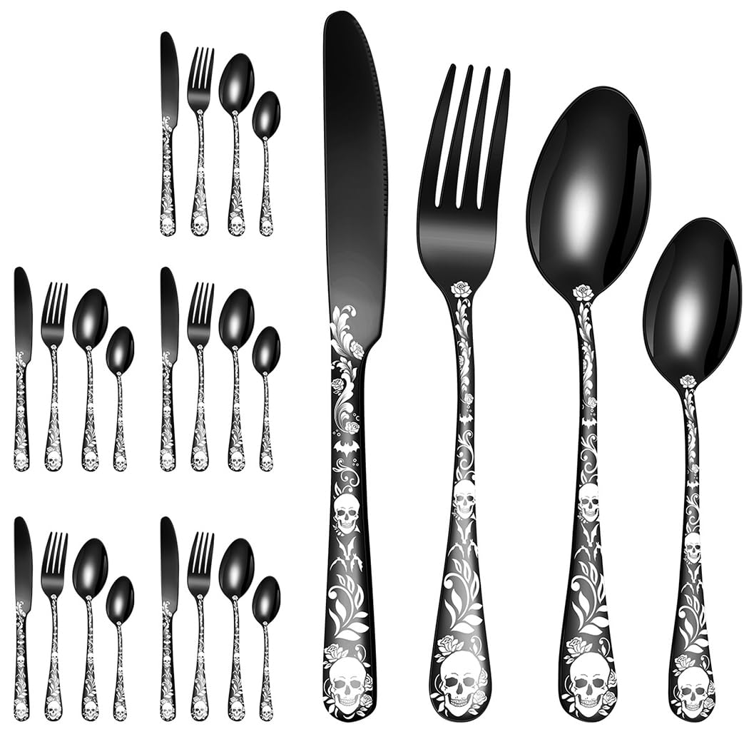 XIAOYU Halloween Skeleton Silverware Set, 24 Piece Stainless Steel Flatware Set Service for 6, Gothic Skull Cutlery Set Utensils for Halloween Easter Christmas, Black