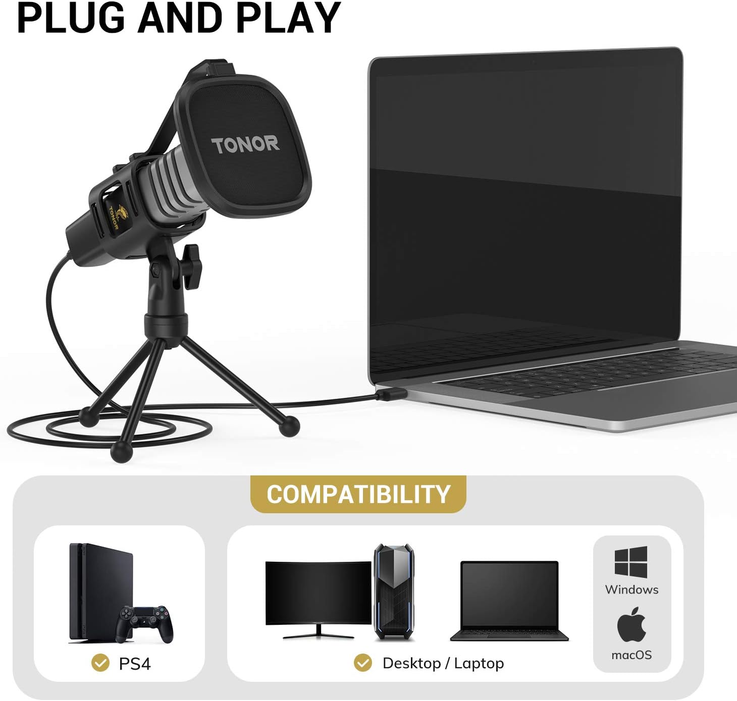 USB Microphone, TONOR Condenser Computer PC Mic with Tripod Stand, Pop Filter, Shock Mount for Gaming, Streaming, Podcasting, YouTube, Voice Over, Skype, Twitch, Compatible with Laptop Desktop, TC30: Musical Instruments