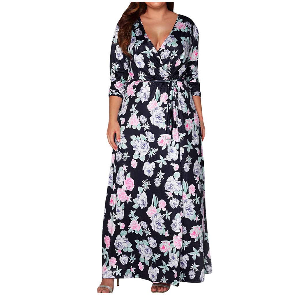 Bandage Split Loose Dress Fashion Women Plus Size Print V-Neck Long Sleeve Dress