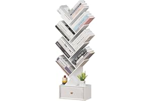 SHEEPAM 8 Tier Tree Bookshelf with Drawer, Free Standing Wood Bookcase for Living Room, Bedroom, Home Office, Space Saving Storage Organizer Bookshelves for Books, CDs, Vinyl Records- White
