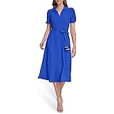 DKNY Womens Short Sleeve Tie Fit & Flare Midi Dress