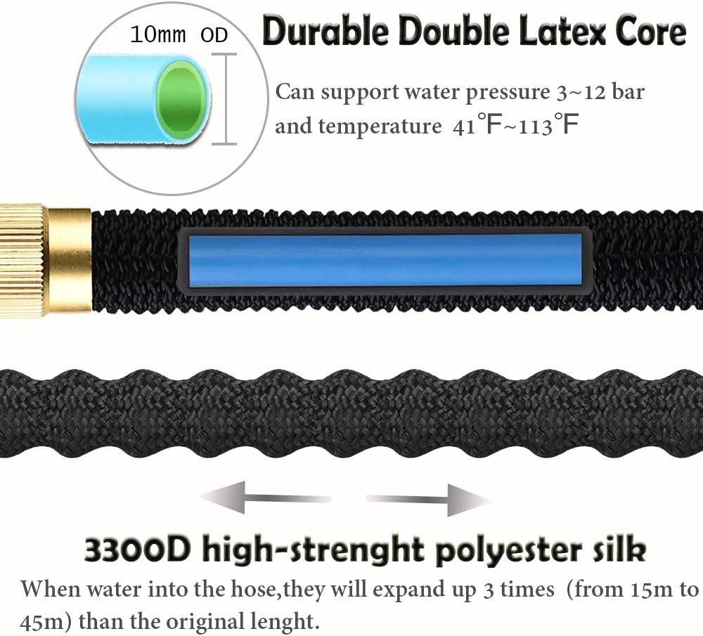 LUFENG Upgraded Expandable Hose 150FT 45M Garden Hose with Double Latex Core Hose Pipe Solid Brass Fittings 9 Function Metal Spray Gun Nozzle Wall Hanger for Gardening Car Washing Pet Bathing (150FT) - Image 4