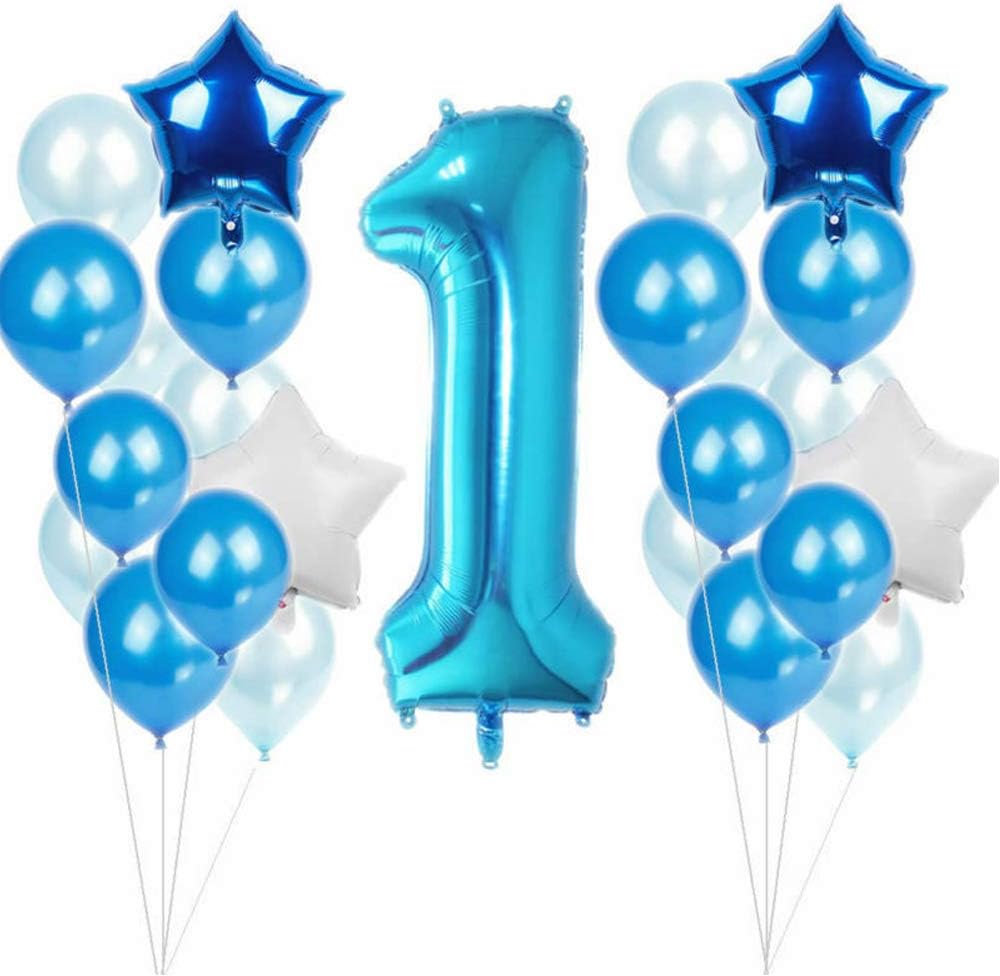 Qivange 1st Birthday Decorations Heart Star Foil Balloons Set Baby Shower Latex Balloons Birthday Party Decoration for Boys Girls, Blue & White