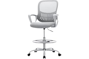 Sweetcrispy Tall Drafting Desk Chair - Ergonomic High Stool Computer with Adjustable Height and Comfy Lumbar Support, Office Rolling Counter with Flixed Arms and Footrest, Grey