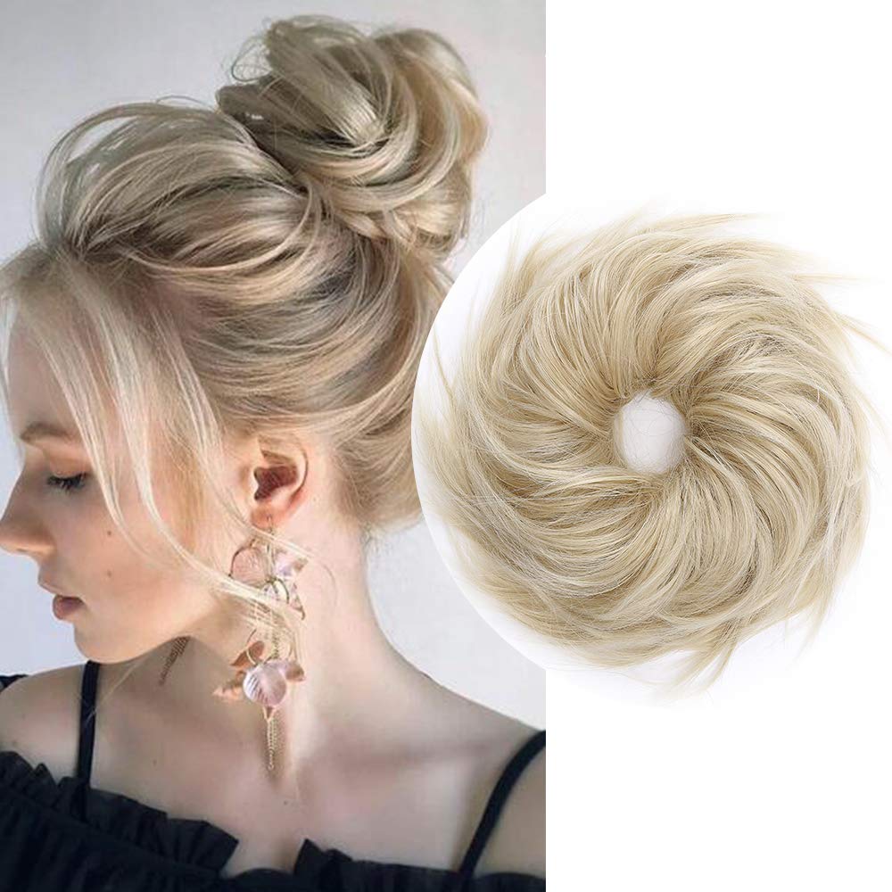 Messy Hair Bun Scrunchy Scrunchie Curly Hairpieces Chignons Wavy Donut Updo Synthetic Hair Extensions （Gold Blond & Bleach Blond） — image 1