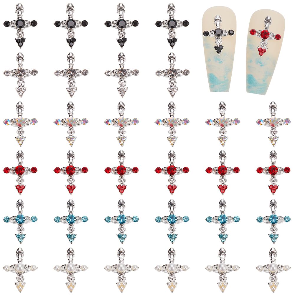 CRASPIRE 36Pcs Cross Nail Charms 6 Colors 3D Y2K Rhinestone Luxury Nail Gems Set Metal Alloy Flat Gothic Vintage Punk Studs Decor for Women Nail Art DIY Crafts Jewelry Christmas Decor Cellphone