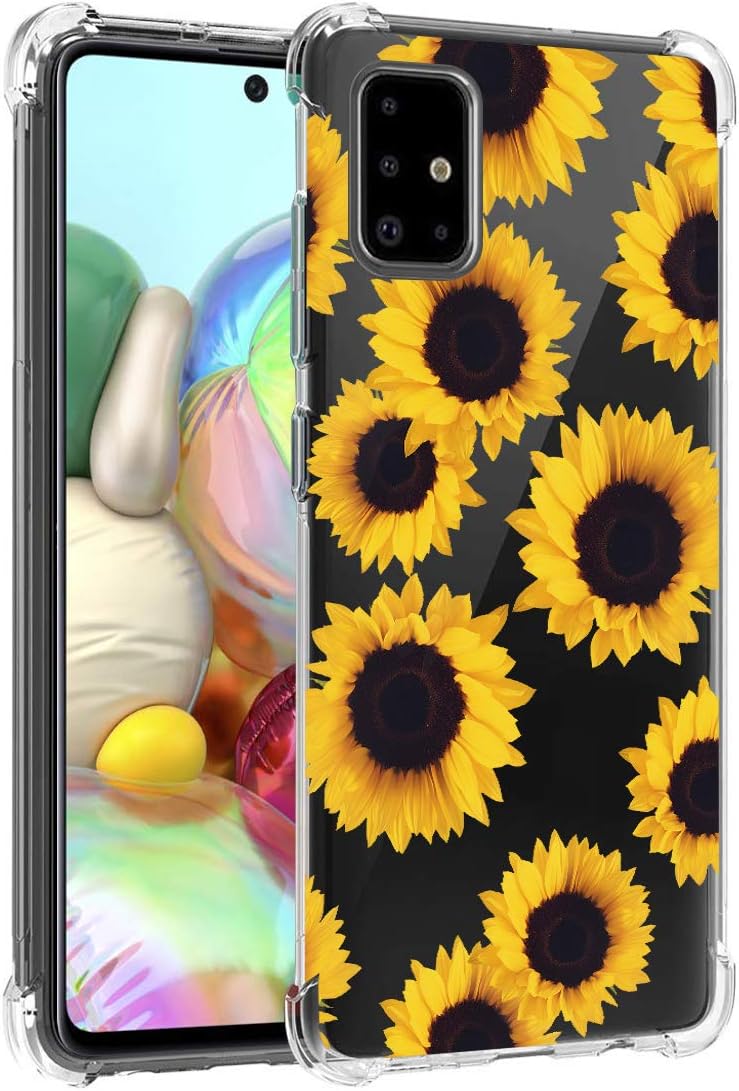 Sidande Galaxy A71 Case (Not Fit A71 5G), Shockproof Clear Floral Soft Flexible TPU Slim Protective Phone Case Cover for Samsung Galaxy A71 (Sunflower)
