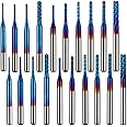 ASNOMY 20pcs End Mills CNC Spiral Router Bits, 1/8" Shank CNC Cutter Milling Carving Bit Set, Nano Blue Coat CNC End Mill Bits, Cutting Dia.1/32"-1/8"Inch
