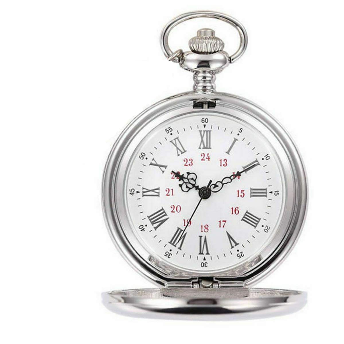 WONOLO Smooth Vintage Steel Quartz Pocket Watch Classic Fob Pocket Watch with Short Chain for Men Women - Gift for Birthday Anniversary Day Christmas Fathers Day (Silver)