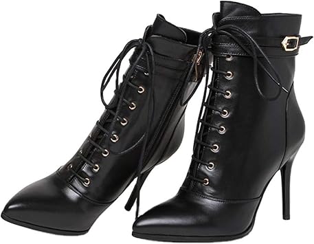 Amazon Co Jp 女性の高いヒールのアンクルブーツマーティンブーツサイドジッパーの秋と冬の革のアンクルブーツプラスベルベットプラスサイズバックルとがった小剣レースアップベルト スポーツ アウトドア