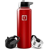 IRON °FLASK Camping & Hiking Hydration Flask with Straw, Wide Mouth Insulated Stainless Steel Sports Water Bottle - 40 oz Fire Red