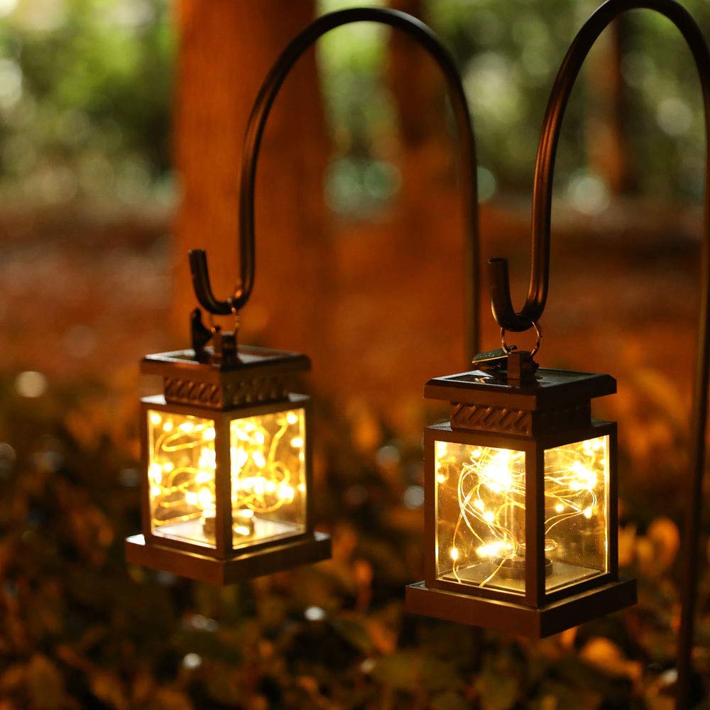 JHY DESIGN Set of 2 Solar Lantern Outdoor Waterproof Lights Hanging Table Lamp Pathway Floodlight with Warm LED Fairy String Lights for Patio Garden Landscape Yard Lawn Indoors (with Clamp)