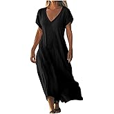 Sblioda Linen Dresses for Women 2026 Summer Short Sleeve V Neck Shift Maxi Dress Comfy Flowy Swing A Line Beach Sundress
