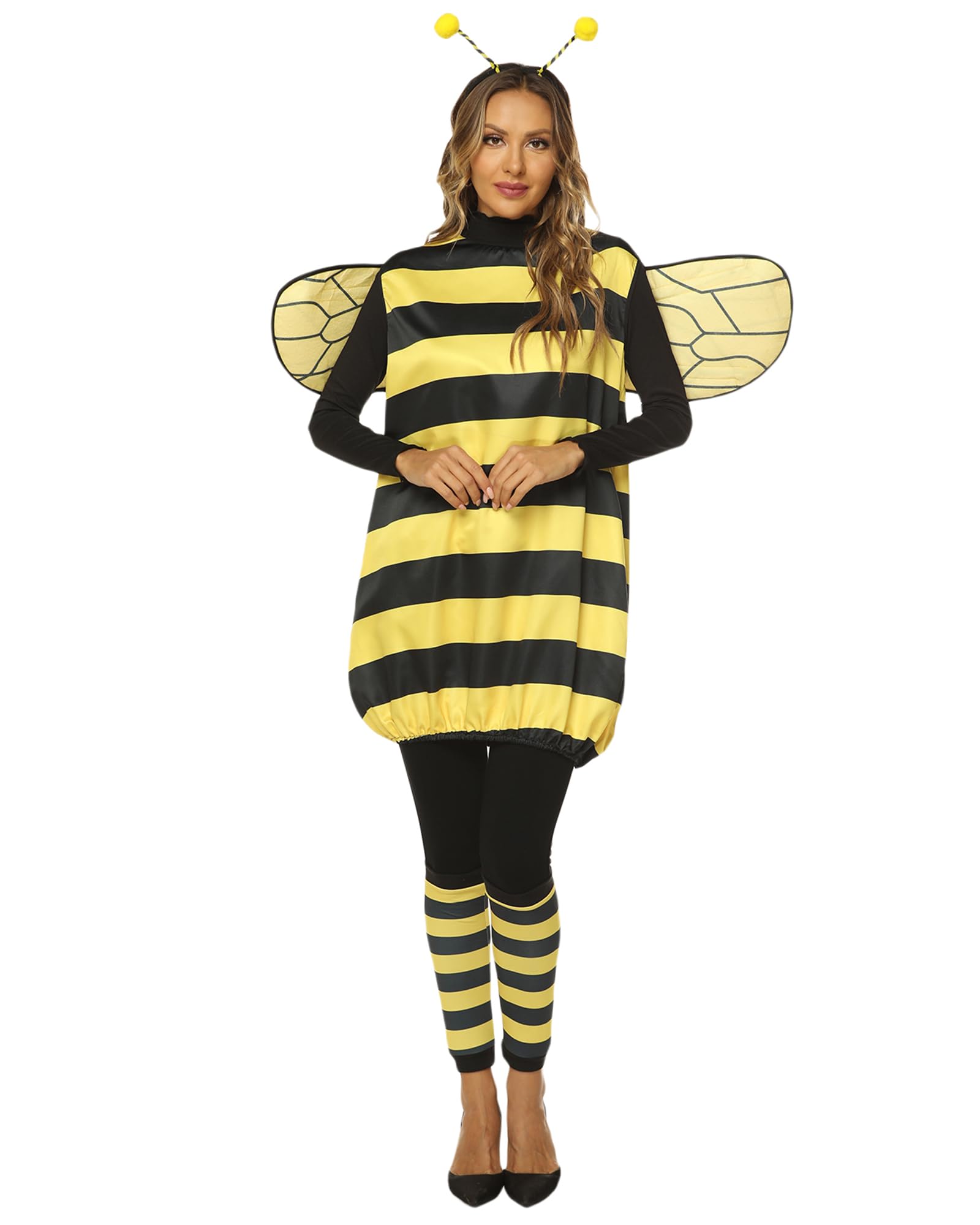 Yoisdtxc Bumble Bee Costume for Women, Halloween Costumes with Wings Headband Leg Sleeves Adults Kids Carnival Dress Up for Party (Yellow Adults, XL)