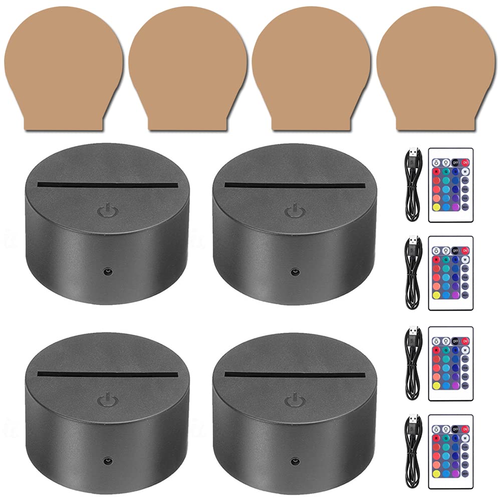 HYNNIO 4 Sets 3D Night LED Light Lamp Base, Large Size LED Base for Acrylic16 Colors LED Light Base with Remote Control and USB Cable for Bedroom Child Room Restaurant Shop (4-Set Round Black)
