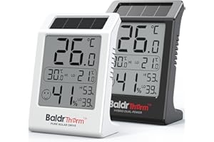 BaldrTherm Indoor Thermometer Humidity Meter, 2Pack Solar-Powered Room Thermometer Digital Temperature Sensor Monitor for Baby Rooms, Home, Office, White&Black