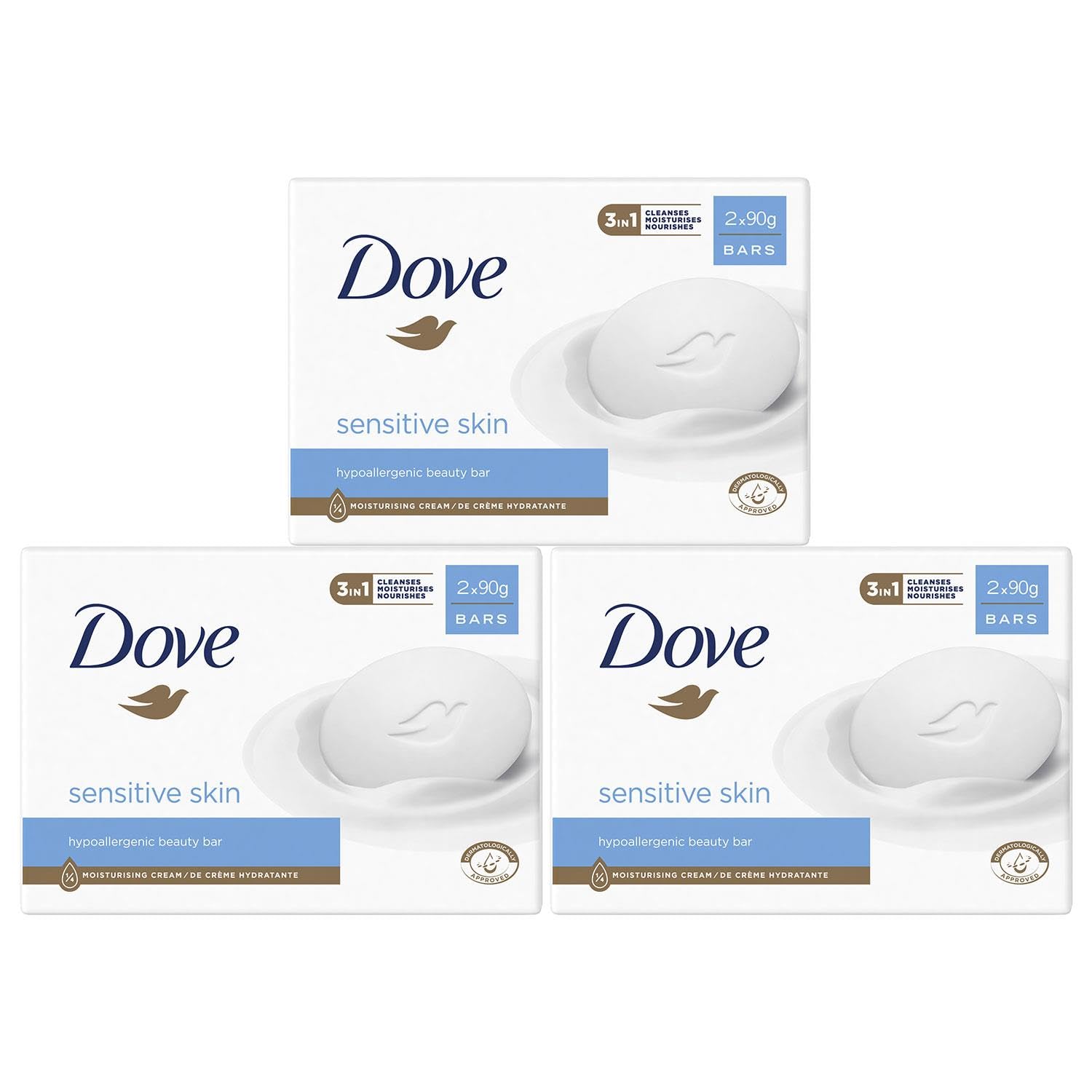 Dove Hypoallergenic Beauty Cream Bar 3 in-1 Cleanses, Moisturises and Nourishes Sulphate-Free Bath Soap for Soft and Smooth Skin, Specially Made for Sensitive Skin 2x90g, 3 Pack